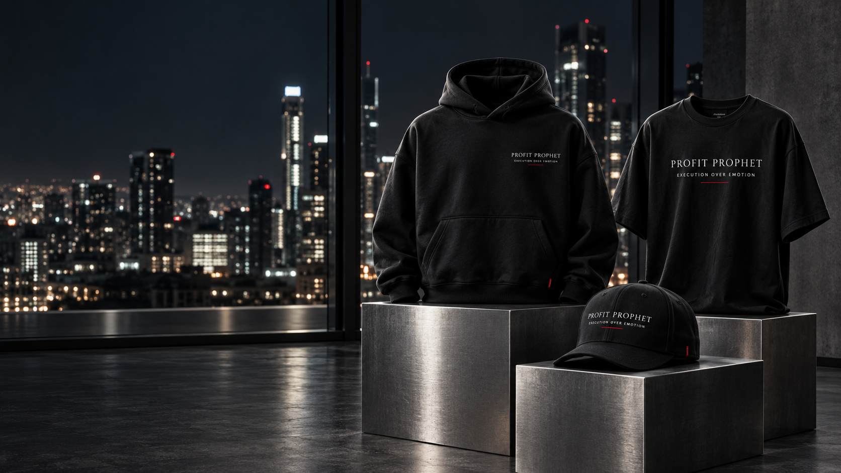 Black Profit Prophet hoodie, tee, and cap displayed in a high-rise studio