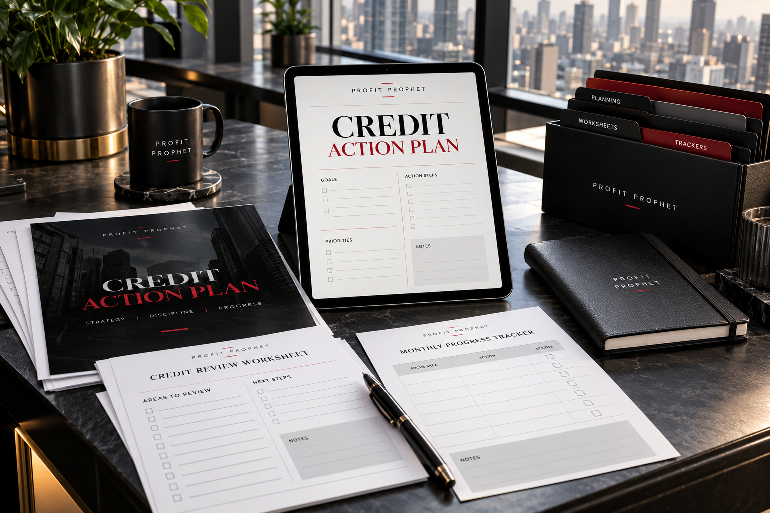 Profit Prophet Credit Action Plan and planning worksheets on a modern desk