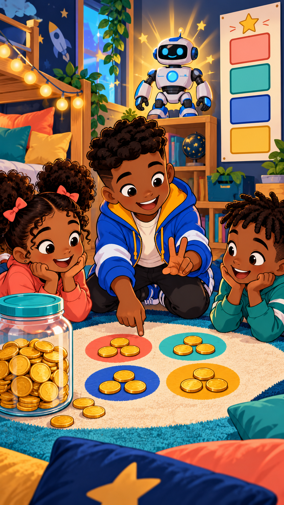 Three Black cartoon children learning about saving with coins and money jars